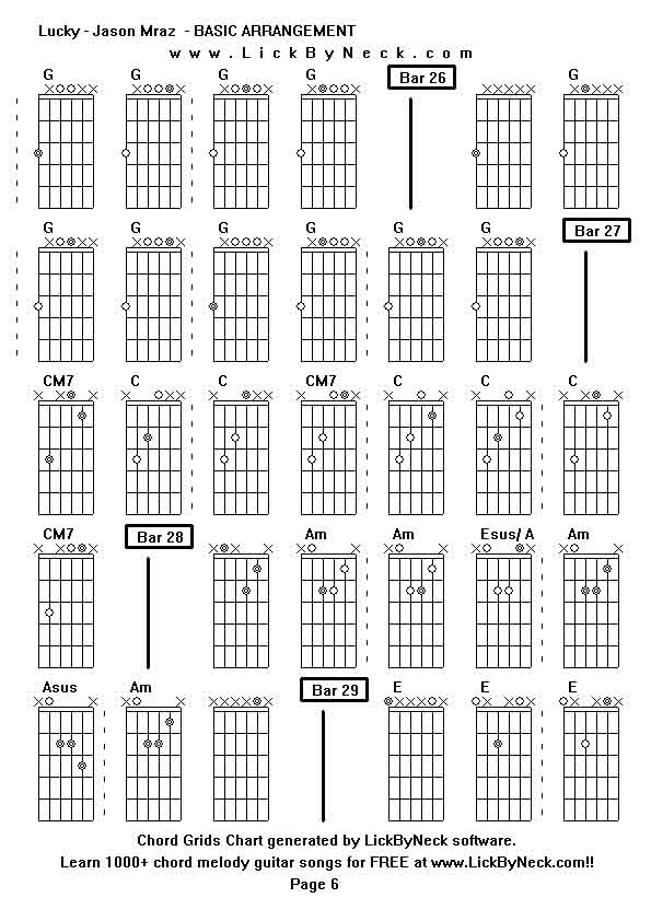 Chord Grids Chart of chord melody fingerstyle guitar song-Lucky - Jason Mraz  - BASIC ARRANGEMENT,generated by LickByNeck software.